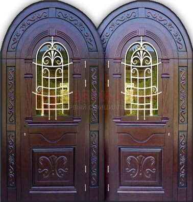 Индивидуальная арочная дверь со стеклом и ковкой ДА-19 в Климовске