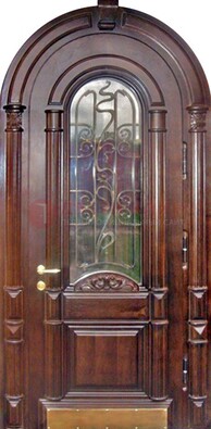 Арочная металлическая дверь массив со стеклом и ковкой ДА-50 в Климовске