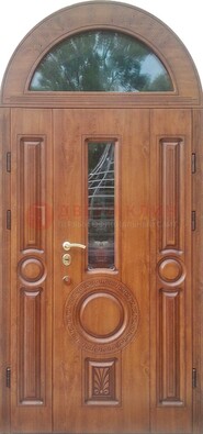 Двустворчатая железная дверь МДФ со стеклом в форме арки ДА-52 в Климовске