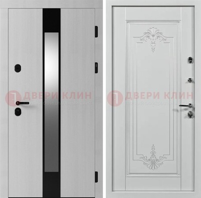 Белая металлическая дверь МДФ с зеркальной вставкой ДМ-324 в Климовске
