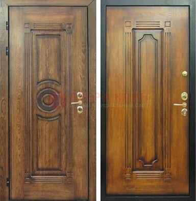 Коричневая металлическая дверь с массивом дуба с рисунком ДМД-10 в Климовске