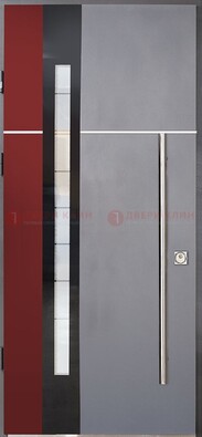 Серая входная дверь с порошковым окрасом и красной вставкой ДП-175 в Уфе