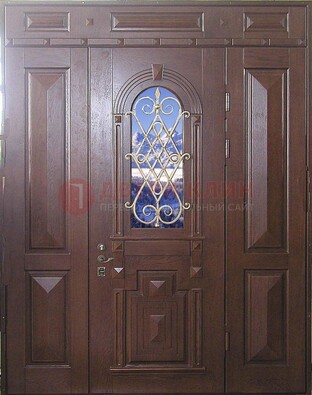 Стальная парадная дверь со стеклом и ковкой ДПР-4 для коттеджа в Климовске