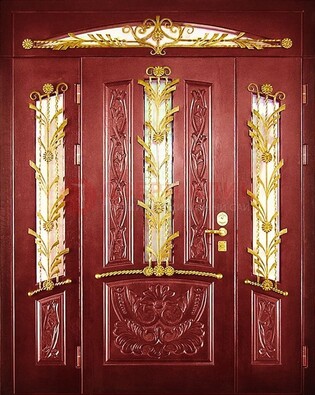 Бордовая железная парадная дверь со стеклом и ковкой ДПР-75 в Климовске