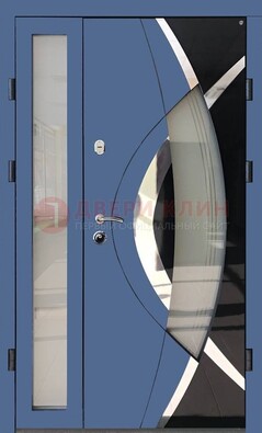 Синяя металлическая дверь со стеклом и узором ДС-13 в Краснодаре