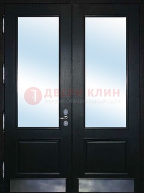 Черная двухстворчатая металлическая дверь со стеклом ДС-25 в Климовске