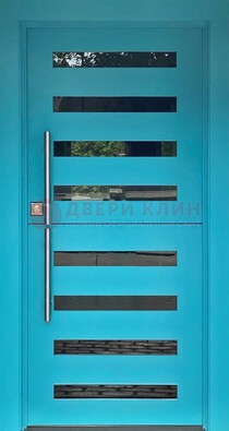 Голубая уличная дверь с МДФ панелью и стеклом ДС-51 в Климовске
