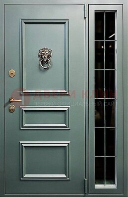 Зелёная металлическая дверь со стеклом ДС-65 в Климовске