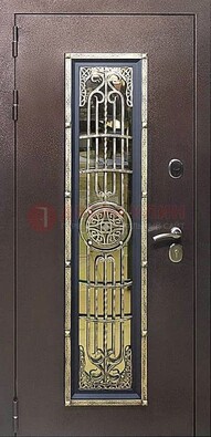 Железная дверь цвета медный антик со стеклом и ковкой ДСК-105 в Климовске