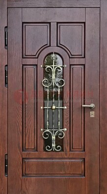 Cтальная дверь со стеклом и ковкой в коричневом цвете ДСК-119 в Климовске