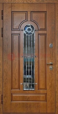 Коричневая стальная дверь со стеклом и ковкой для кирпичного дома ДСК-146 в Климовске