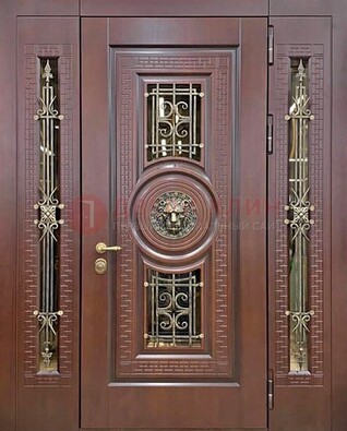Коричневая стальная дверь со стеклом и ковкой ДСК-147 с фрамугами в Климовске