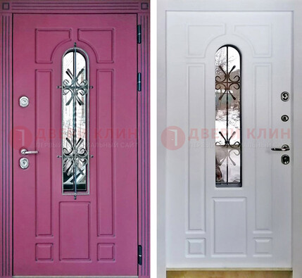 Розовая металлическая дверь со стеклом и ковкой ДСК-151 в Климовске