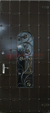 Высокая железная дверь со стеклом и ковкой ДСК-15 в Климовске
