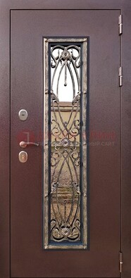 Коричневая стальная дверь порошок со стеклом и ковкой для дома ДСК-169 в Яхроме