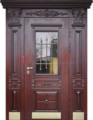 Железная парадная дверь массив дуба со стеклом и ковкой ДСК-175 в Климовске