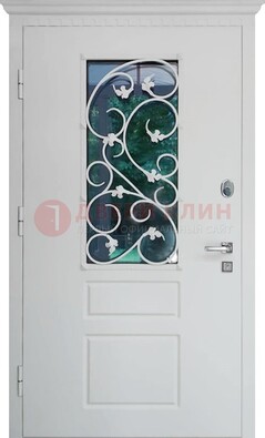 Белая металлическая дверь винорит со стеклом и ковкой ДСК-184 в Климовске