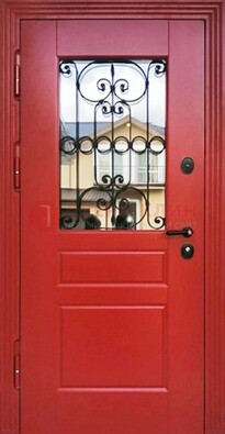 Красная железная дверь Винорит со стеклом и ковкой ДСК-205 в Климовске