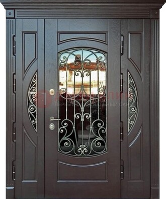 Полуторная железная дверь Винорит со стеклом и ковкой ДСК-231 в Климовске