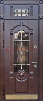 Металлическая дверь массив со стеклом и ковкой с фрамугой ДСК-249 в Климовске