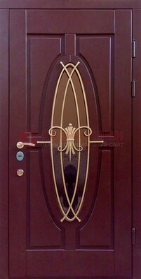 Бордовая стальная дверь Винорит со стеклом и ковкой ДСК-263 в Климовске