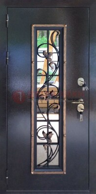 Железная дверь с порошковым напылением стеклом и ковкой ДСК-279 в Климовске