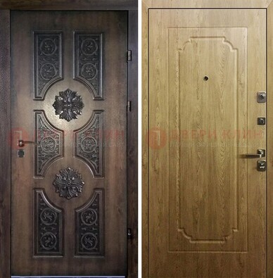 Железная коричневая дверь с виноритом и терморазрывом Золотой дуб внутри ДВТ-101 в Климовске