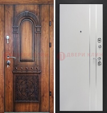 Стальная резная дверь Итальянский орех с виноритом и МДФ с молдингами ДВТ-120 в Климовске