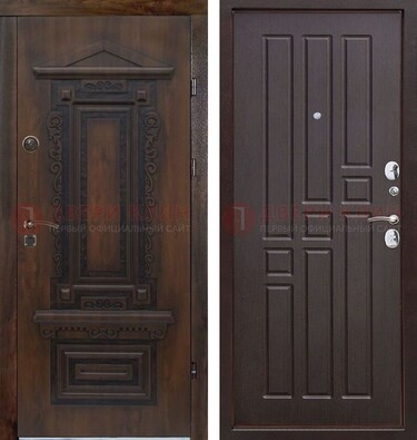 Железная коричневая уличная дверь с виноритом и МДФ Шоколад ДВТ-124 в Климовске