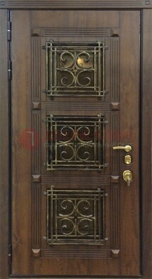 Коричневая металлическая дверь с виноритом и ковкой ДВТ-199 в Климовске