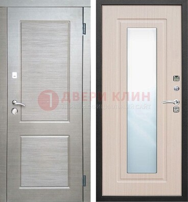Светлая металлическая филенчатая дверь и МДФ Белый дуб с зеркалом ДЗ-104 в Климовске