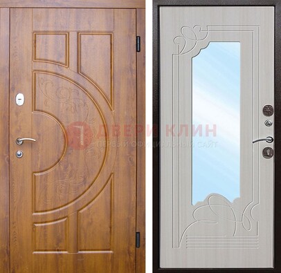 Коричневая металлическая дверь c МДФ с узором и зеркалом ДЗ-105 в Климовске