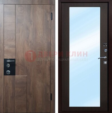 Коричневая металлическая дверь c МДФ с зеркалом ДЗ-106 в Климовске