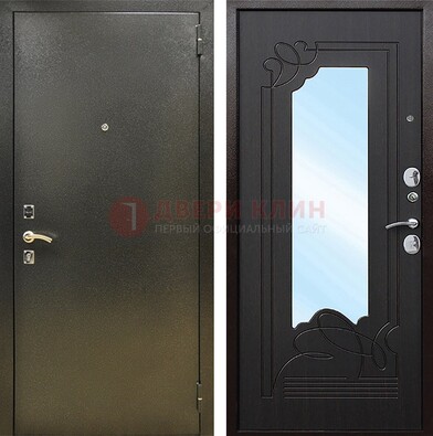 Железная темная дверь c порошковым напылением и МДФ с узором и зеркалом ДЗ-111 в Климовске