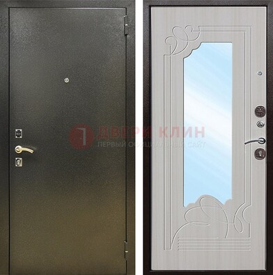 Входная темно-серая дверь c порошковым покрытием и МДФ с резьбой и зеркалом ДЗ-113 в Климовске