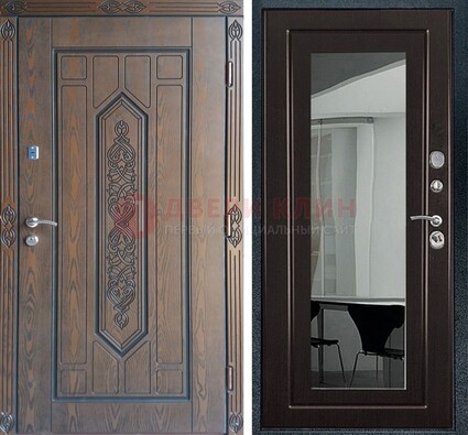 Уличная коричневая дверь c виноритом и МДФ Венге с зеркалом ДЗ-116 в Климовске