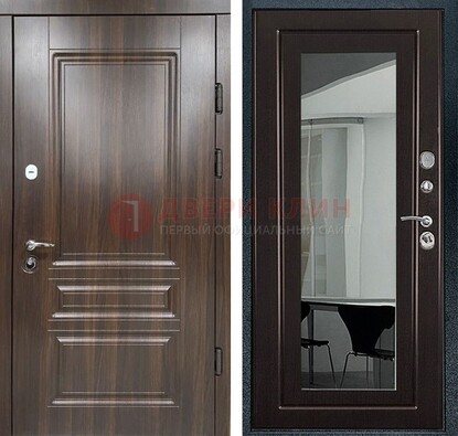 Железная коричневая дверь с МДФ Венге c зеркалом ДЗ-124 в Климовске