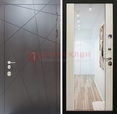 Железная коричневая дверь со светлой МДФ внутри и зеркалом ДЗ-125 в Климовске