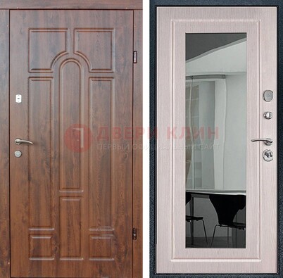 Входная коричневая дверь с МДФ Белый дуб и зеркалом ДЗ-126 в Климовске