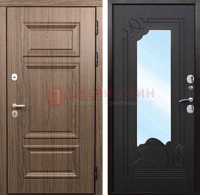 Входная коричневая дверь с зеркалом МДФ Венге ДЗ-127 в Климовске