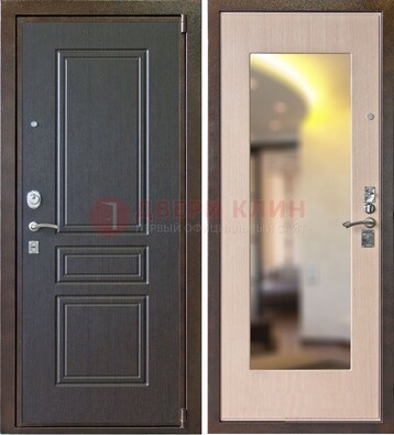 Коричневая стальная дверь с зеркалом МДФ внутри ДЗ-27 в Климовске