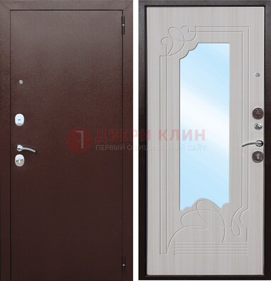 Коричневая металлическая дверь с зеркалом МДФ внутри ДЗ-33 в Климовске