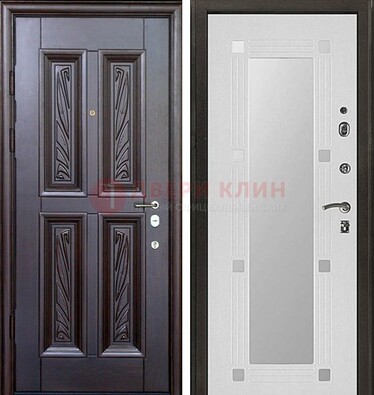 Коричневая стальная дверь с зеркалом МДФ внутри ДЗ-44 в Климовске