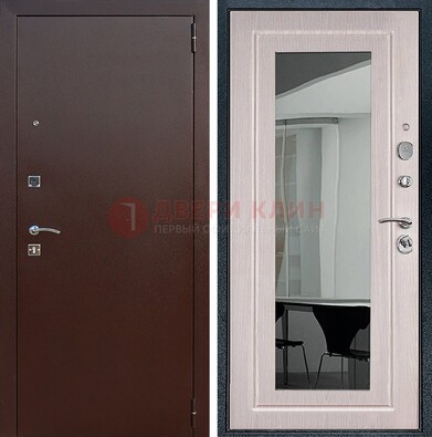 Входная дверь с порошковым напылением Медный антик/Белый дуб с зеркалом ДЗ-63 в Климовске