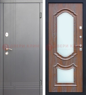Серая входная дверь со светлой МДФ и зеркалами внутри ДЗ-77 в Климовске