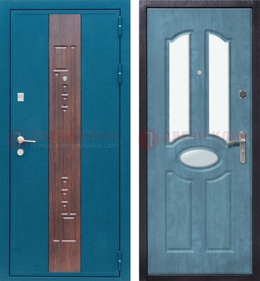 Голубая металлическая дверь МДФ с тремя зеркальными вставками ДЗ-78 в Климовске