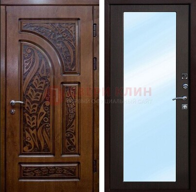 Коричневая входная дверь c узором и виноритом МДФ с зеркалом ДЗ-98 в Климовске