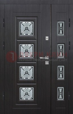 Чёрная двухстворчатая железная дверь с МДФ и витражом ВЖ-35 в Климовске