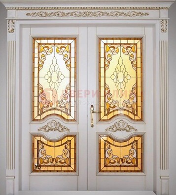 Элитная металлическая дверь с витражом и отделкой массив ВЖ-4 в Климовске