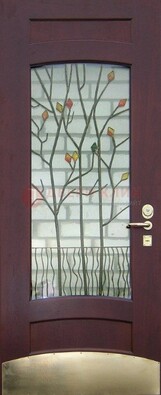 Бордовая стальная дверь с витражом и декоративным элементом ВЖ-3 в Перми